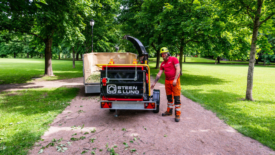 Når trærne i Frognerparken skal beskjæres, bruker Kristian Taylor denne nye mobile flishuggeren til å bli kvitt kvister og greiner.