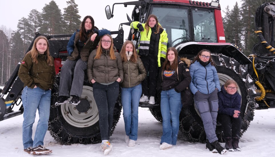 VIL TIL SKOGS: Utemiljø 2-2023 skrev om økt jenteandel på skoglinja på Sønsterud. Fra venstre: Ingvild Flikkerud, Trine-Lise Varli , Martha Jørgensen , Sara Elisabeth K. Bjøntegaard, Jannike Vesterhaug, Iselin Smestad, Madelen Sakserud og Eva Helene Bjerke. Jentene inntar skoglinja på Solør videregående skole, avdeling Sønsterud.