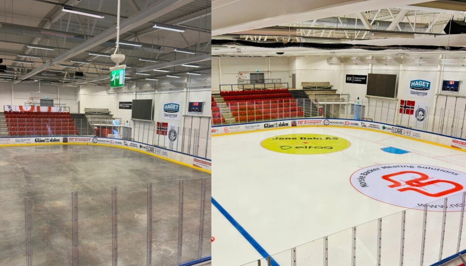 Kongsvingerhallen før første dråpe maling – grå betong og stille tribuner. Samme utsnitt, noen timer senere: Ferdig malt, merket og klar til kamp.